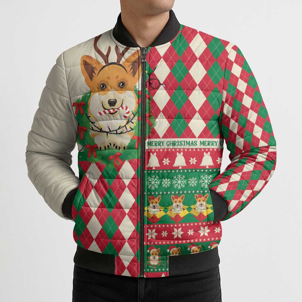 Wales Corgi Christmas Bomber Puffer Jacket Seamless Cute Dog Argyle Pattern - Wonder Print Shop