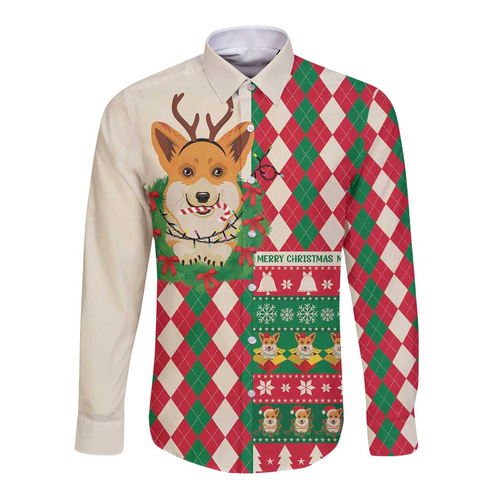 Wales Corgi Christmas Long Sleeve Button Shirt Seamless Cute Dog Argyle Pattern - Wonder Print Shop
