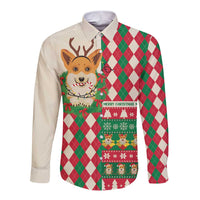 Wales Corgi Christmas Long Sleeve Button Shirt Seamless Cute Dog Argyle Pattern - Wonder Print Shop