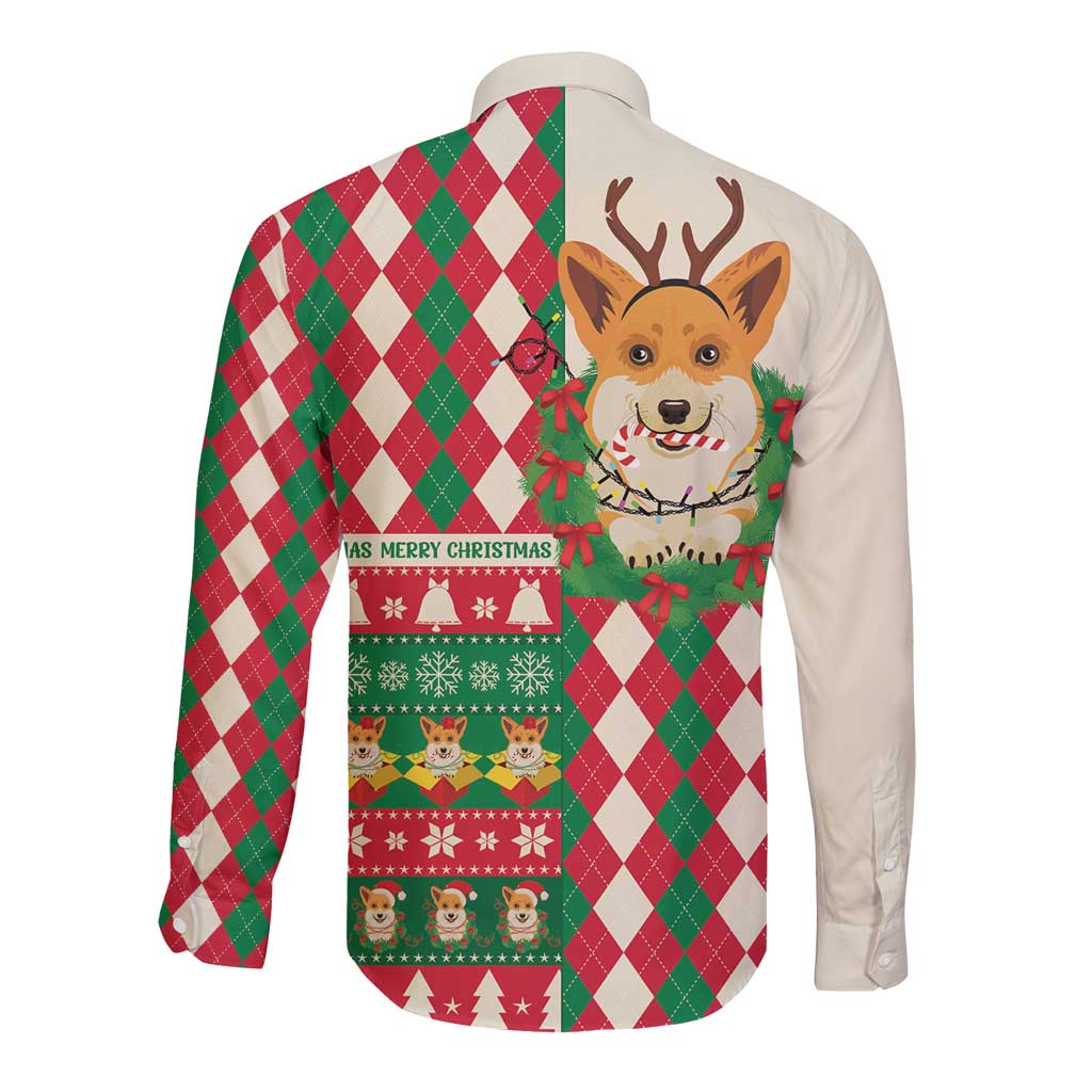 Wales Corgi Christmas Long Sleeve Button Shirt Seamless Cute Dog Argyle Pattern - Wonder Print Shop