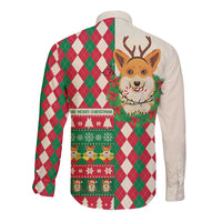 Wales Corgi Christmas Long Sleeve Button Shirt Seamless Cute Dog Argyle Pattern - Wonder Print Shop