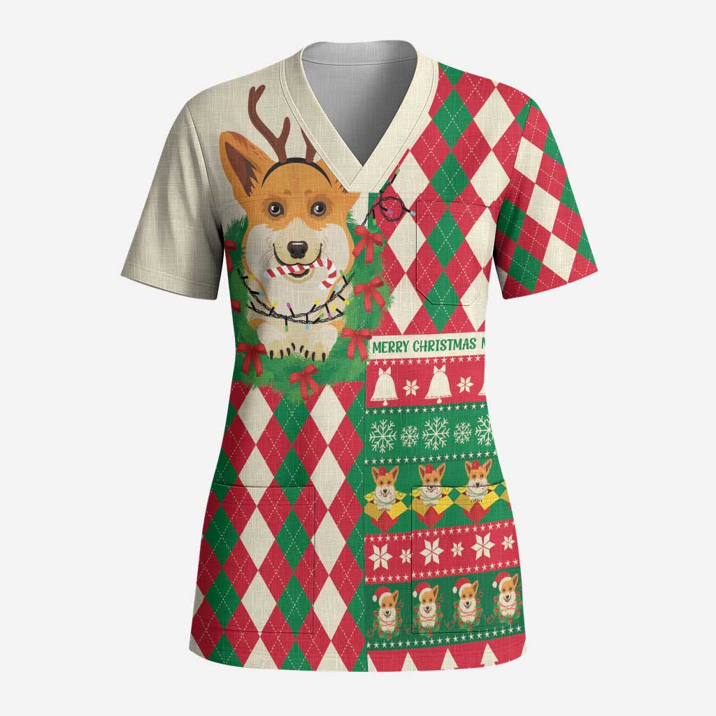 Wales Corgi Christmas Scrub Top Seamless Cute Dog Argyle Pattern - Wonder Print Shop