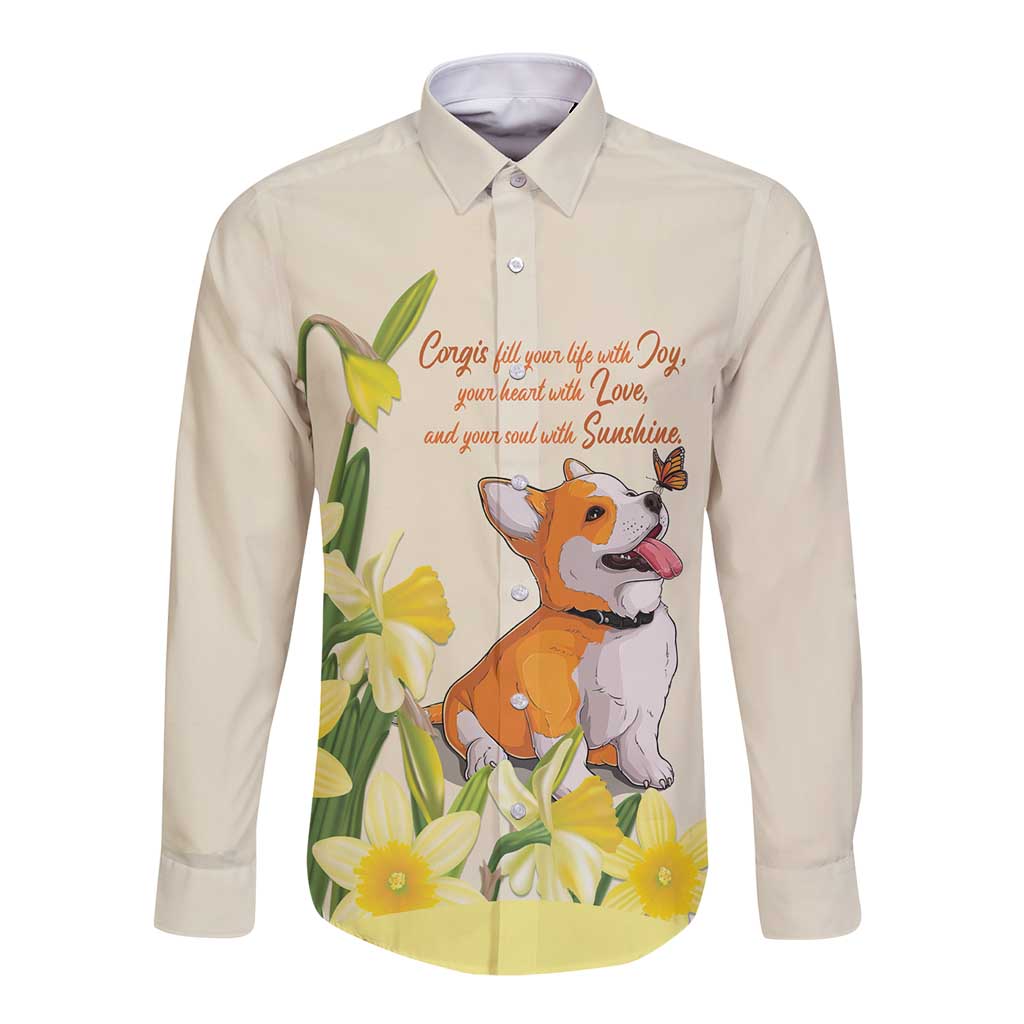 Personalised Wales Corgi and Daffodil Long Sleeve Button Shirt Welsh Dog Lovers - Wonder Print Shop