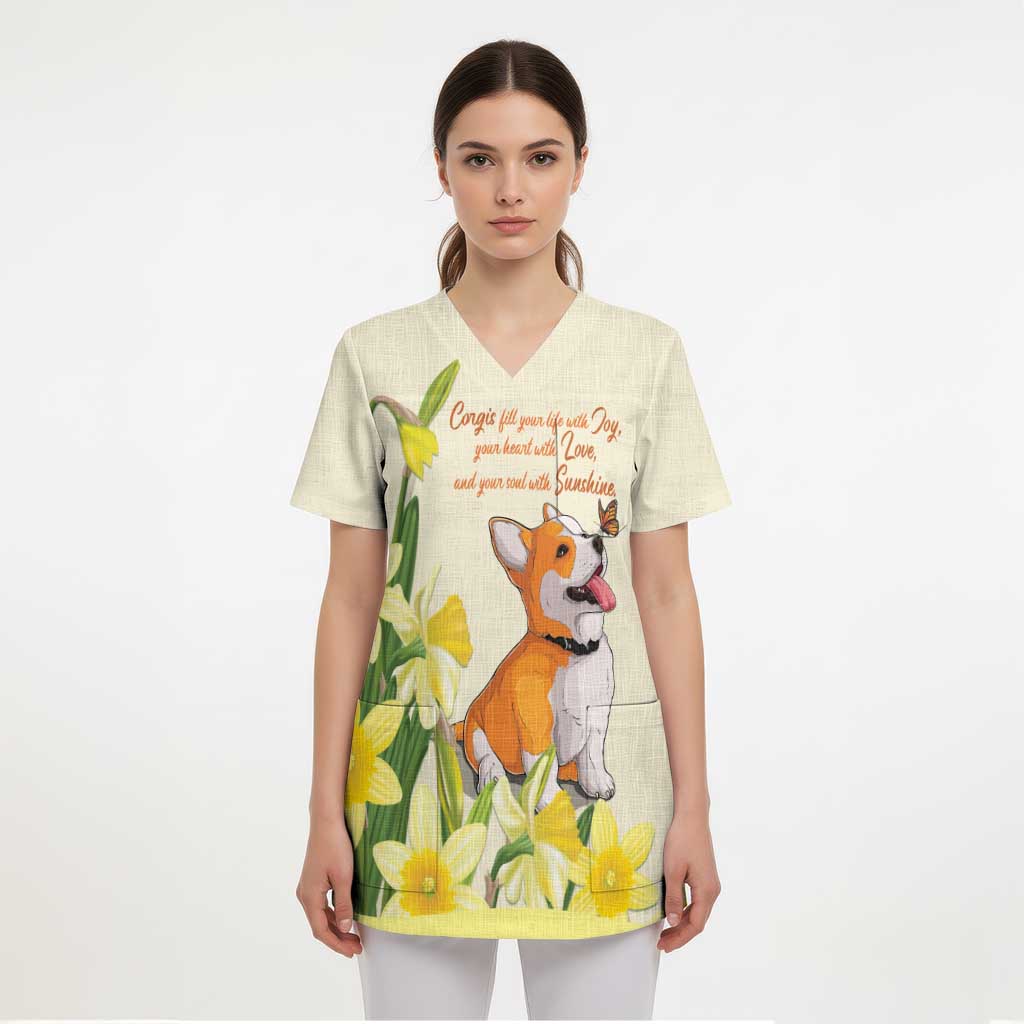 Personalised Wales Corgi and Daffodil Scrub Top Welsh Dog Lovers - Wonder Print Shop