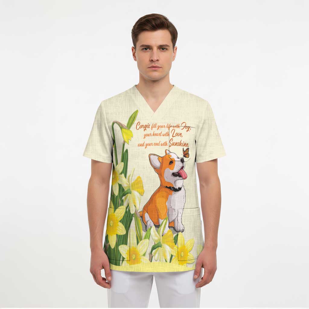 Personalised Wales Corgi and Daffodil Scrub Top Welsh Dog Lovers - Wonder Print Shop