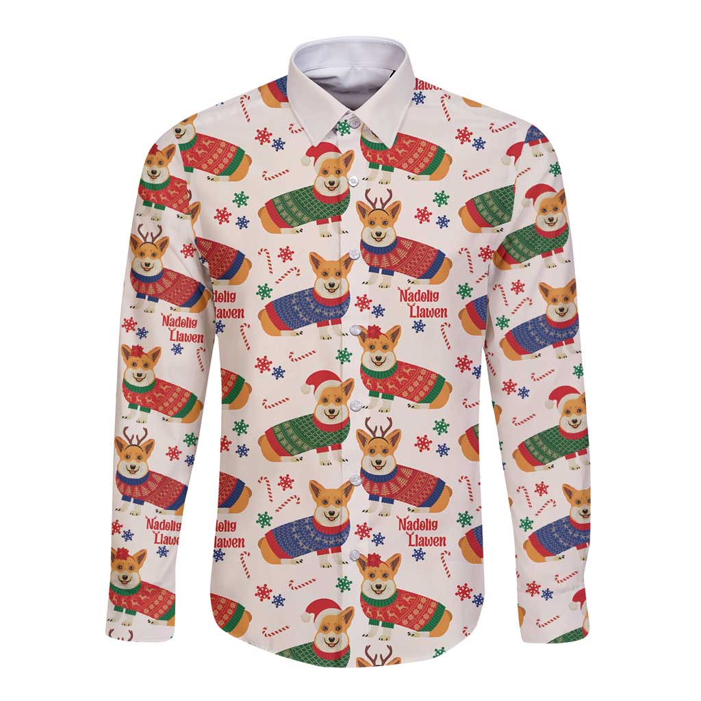 Wales Corgi Christmas Long Sleeve Button Shirt Nadolig Llawen Welsh Dog Seamless Vibes - Wonder Print Shop