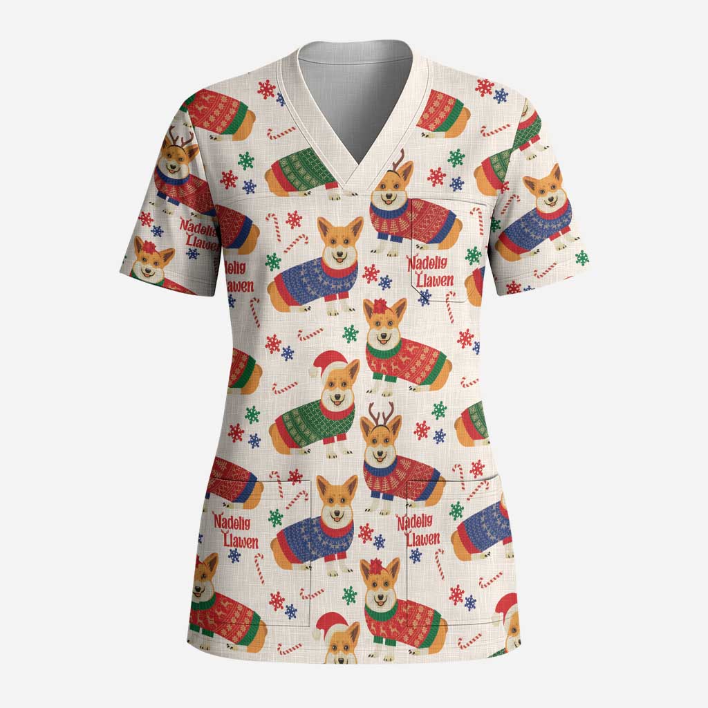 Wales Corgi Christmas Scrub Top Nadolig Llawen Welsh Dog Seamless Vibes - Wonder Print Shop