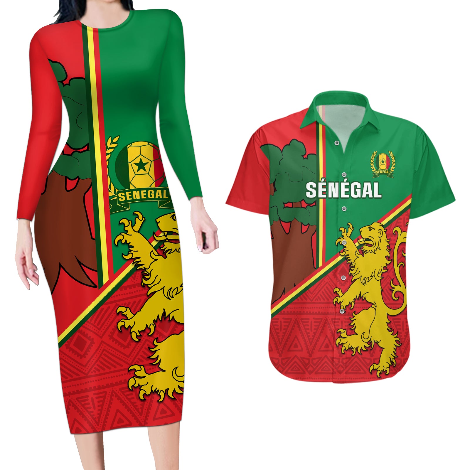 Senegal Football Couples Matching Long Sleeve Bodycon Dress and Hawaiian Shirt 2024 Go Champions Lions De La Teranga - Wonder Print Shop