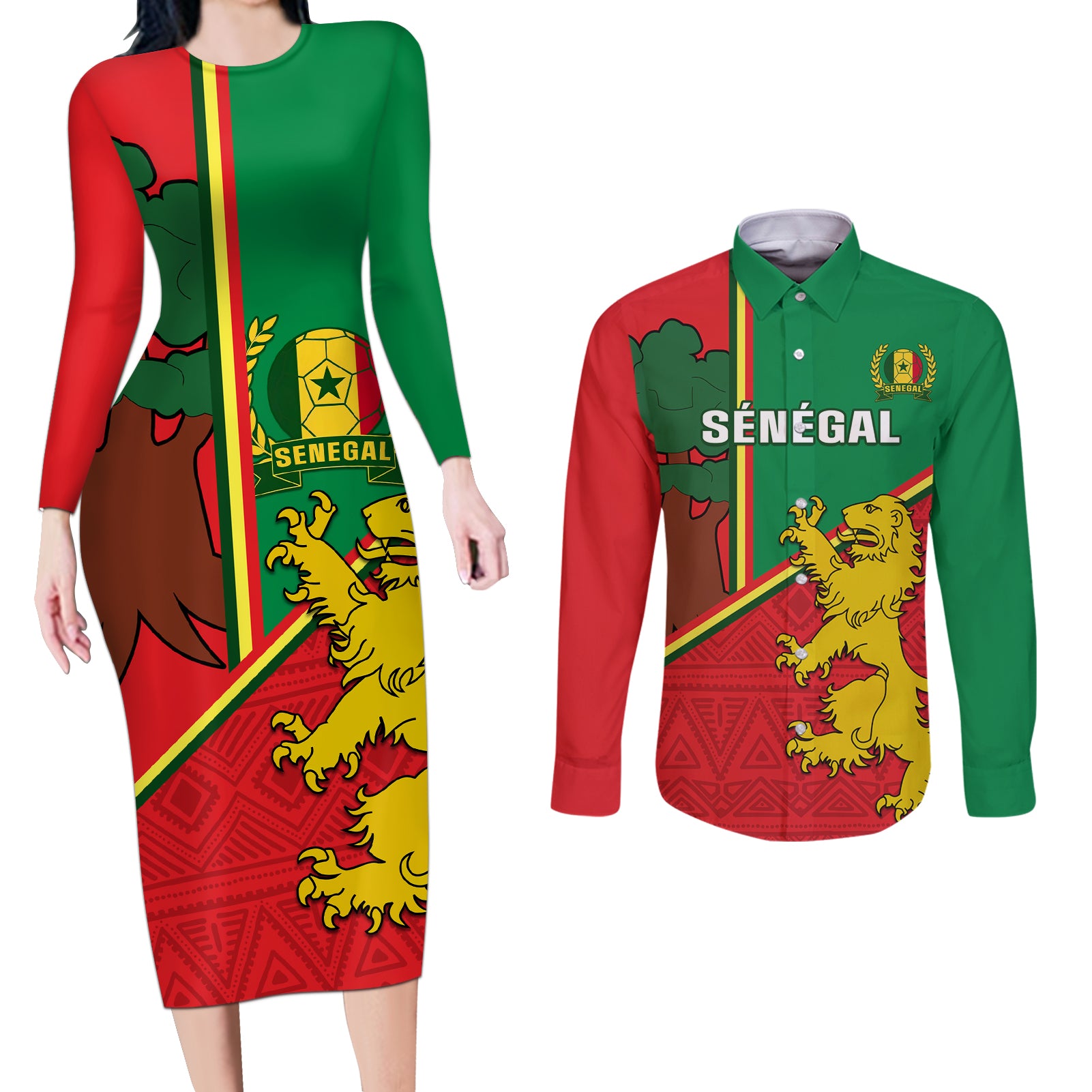 Senegal Football Couples Matching Long Sleeve Bodycon Dress and Long Sleeve Button Shirt 2024 Go Champions Lions De La Teranga - Wonder Print Shop