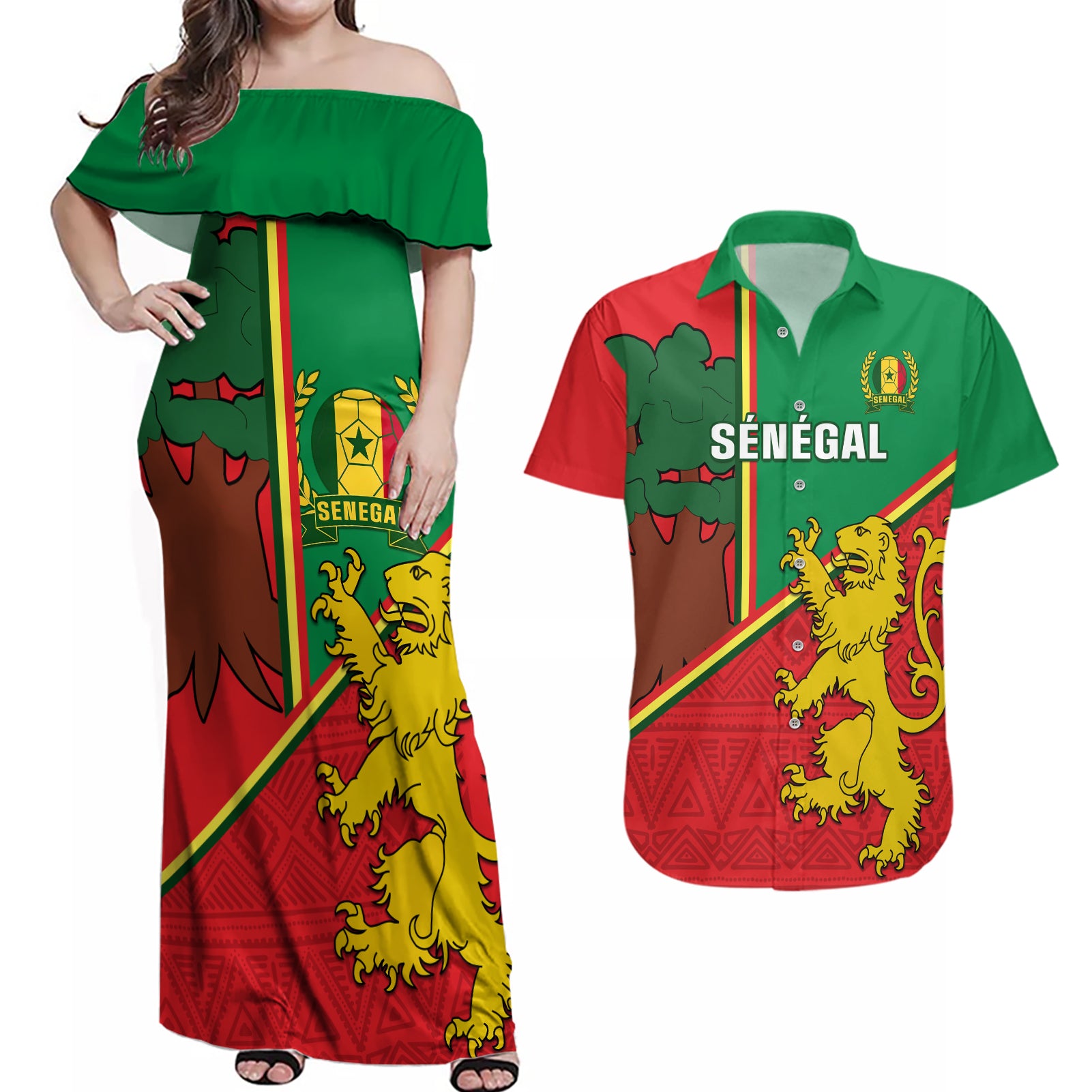 Senegal Football Couples Matching Off Shoulder Maxi Dress and Hawaiian Shirt 2024 Go Champions Lions De La Teranga - Wonder Print Shop