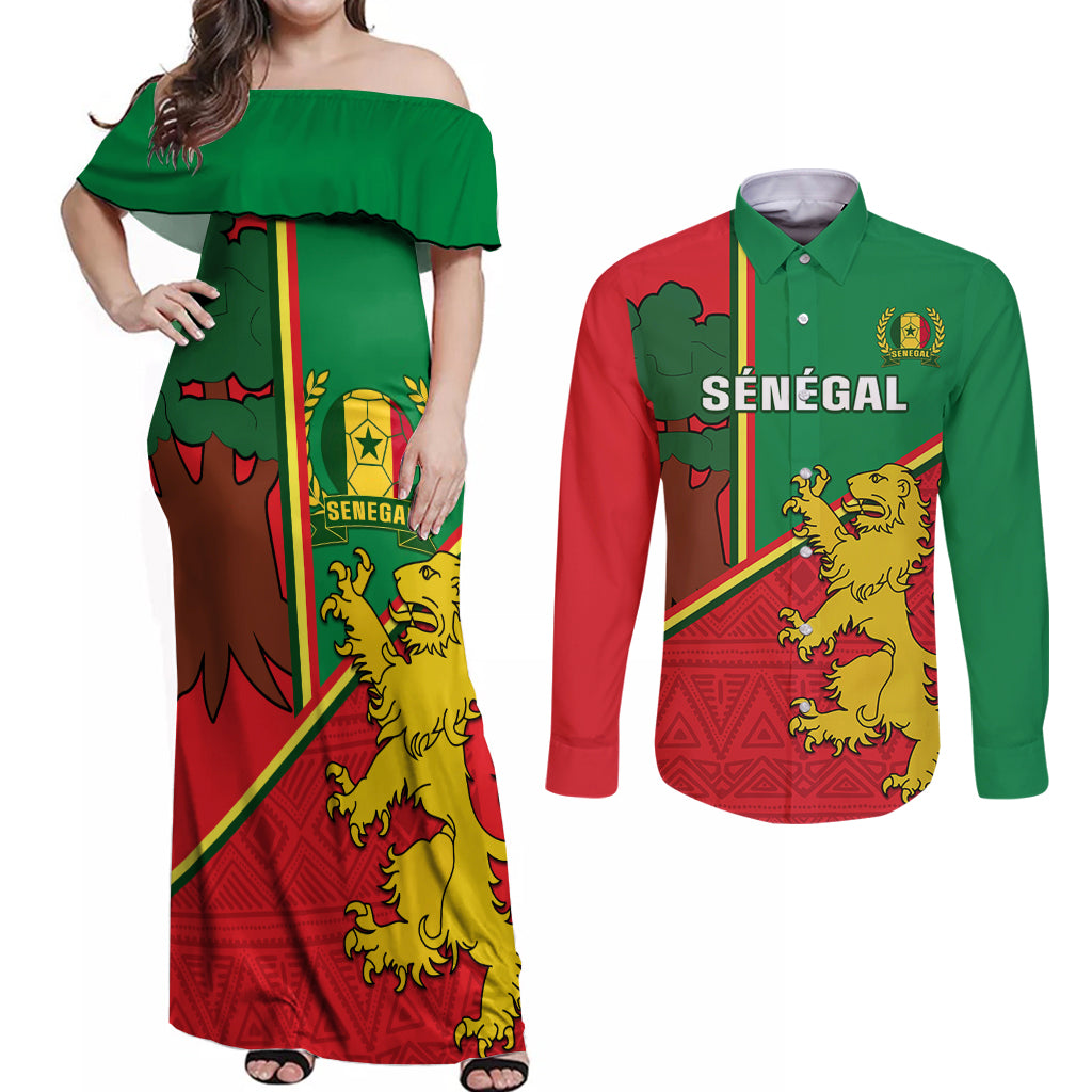 Senegal Football Couples Matching Off Shoulder Maxi Dress and Long Sleeve Button Shirt 2024 Go Champions Lions De La Teranga - Wonder Print Shop