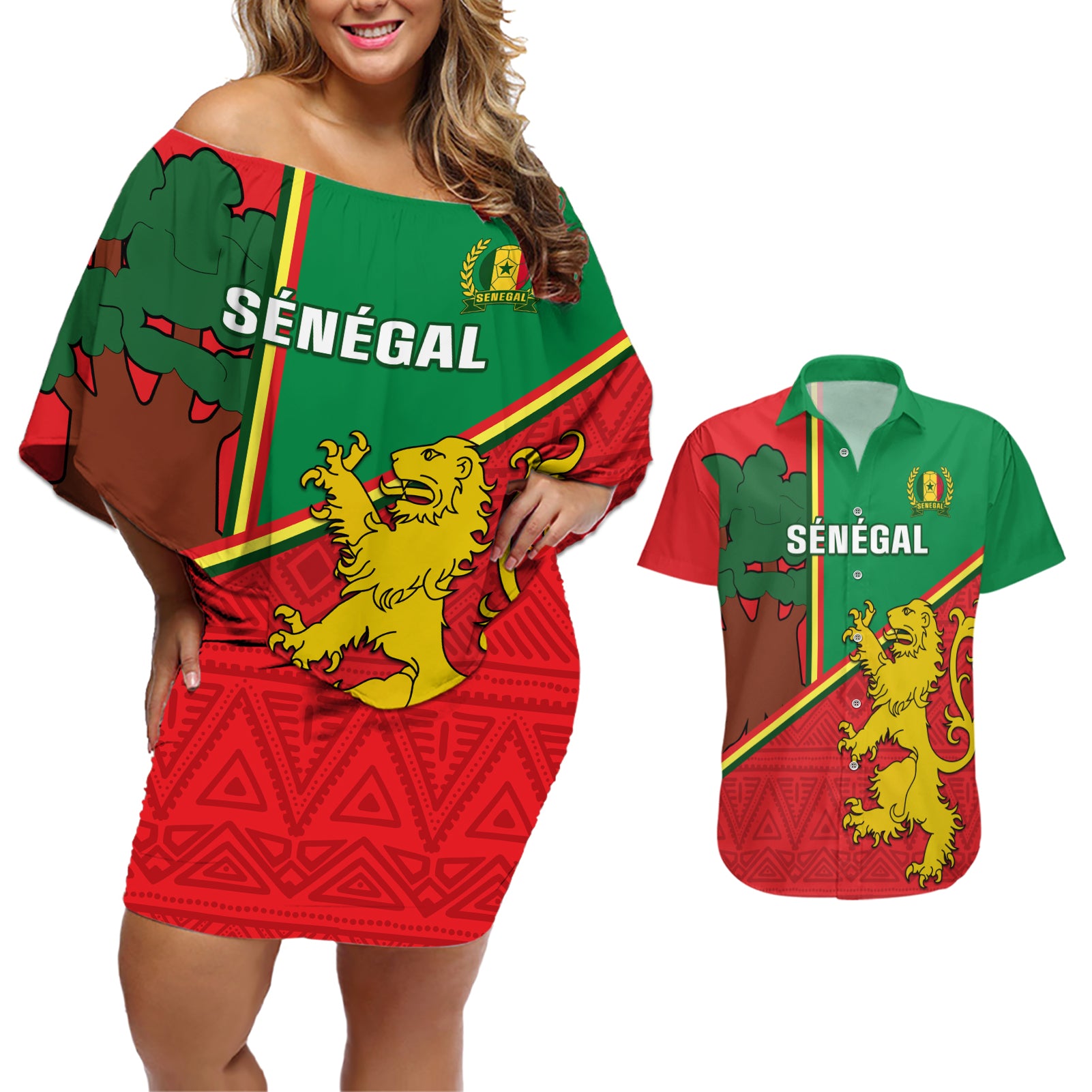 Senegal Football Couples Matching Off Shoulder Short Dress and Hawaiian Shirt 2024 Go Champions Lions De La Teranga - Wonder Print Shop