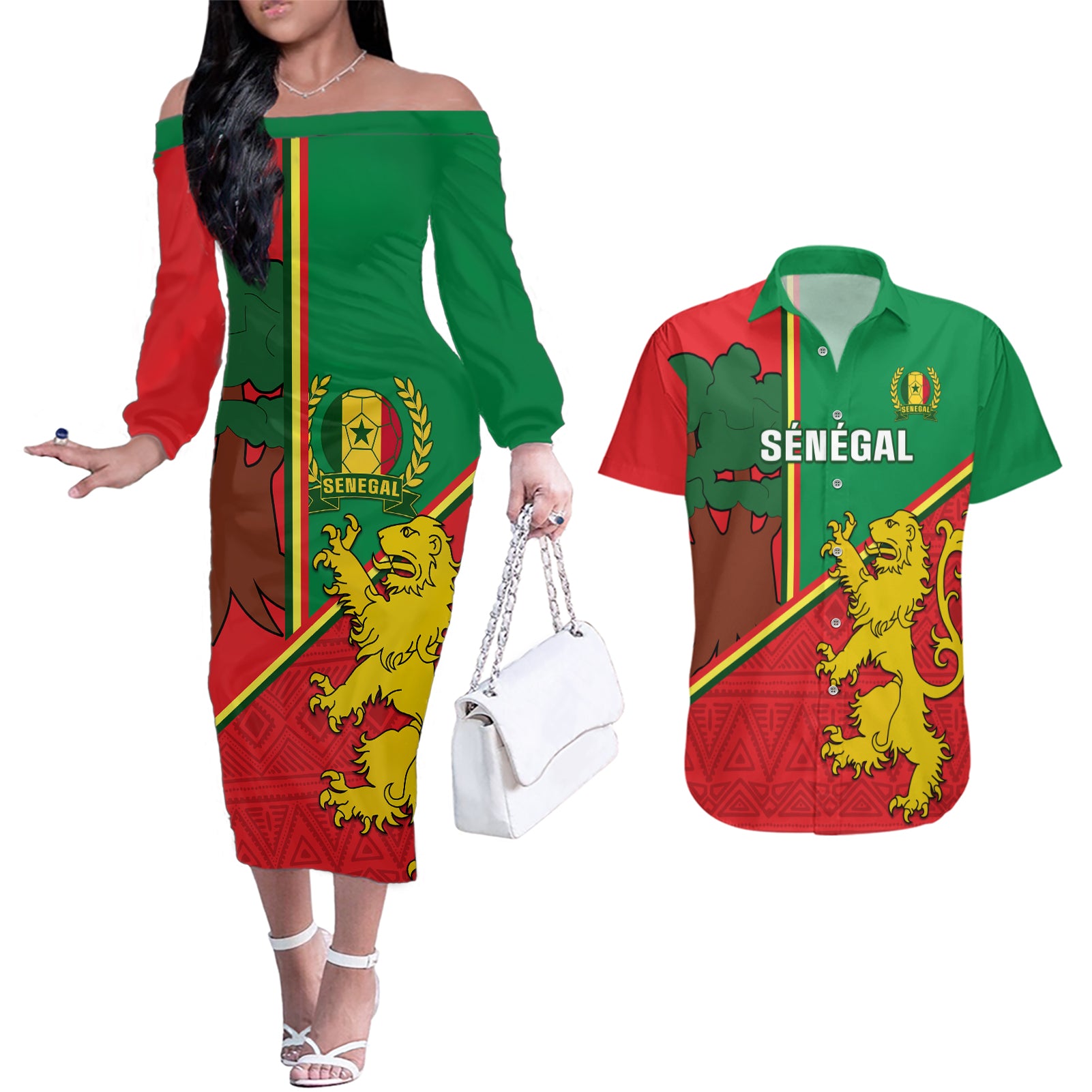 Senegal Football Couples Matching Off The Shoulder Long Sleeve Dress and Hawaiian Shirt 2024 Go Champions Lions De La Teranga - Wonder Print Shop