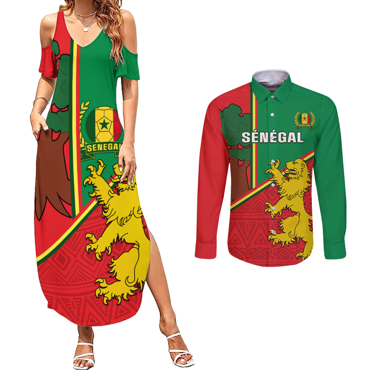 Senegal Football Couples Matching Summer Maxi Dress and Long Sleeve Button Shirt 2024 Go Champions Lions De La Teranga - Wonder Print Shop