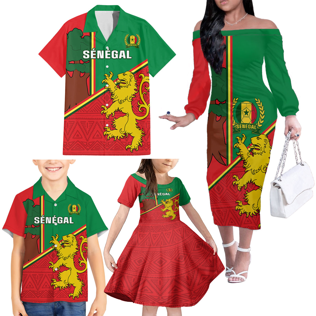 Senegal Football Family Matching Off Shoulder Long Sleeve Dress and Hawaiian Shirt 2024 Go Champions Lions De La Teranga - Wonder Print Shop