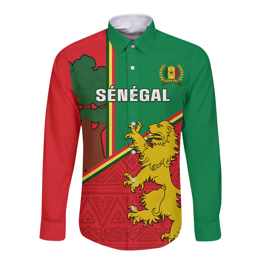 Unisex long sleeve button football shirt, green and red with Senegal crest and lion graphic