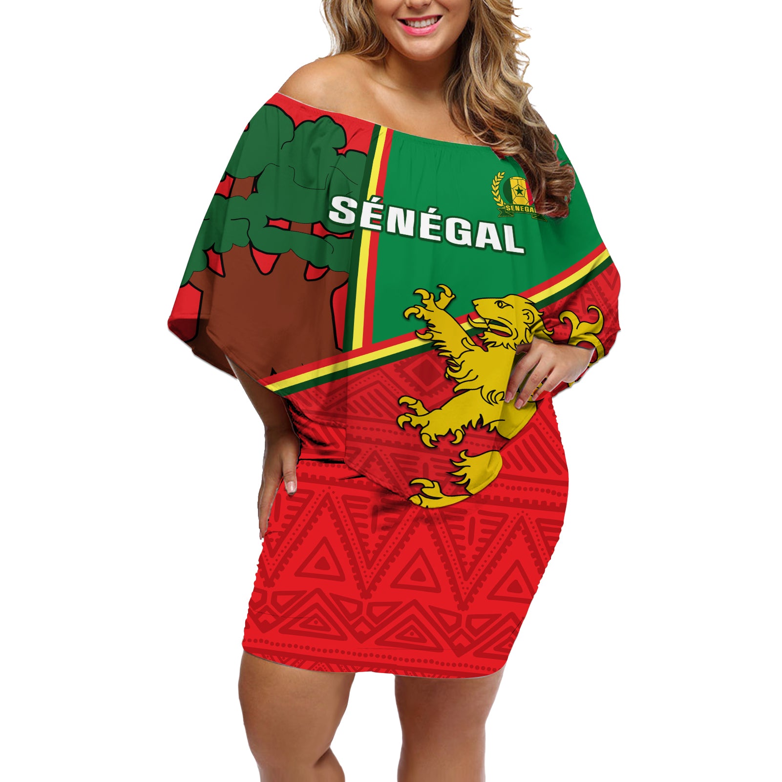 Senegal Football Off Shoulder Short Dress 2024 Go Champions Lions De La Teranga - Wonder Print Shop