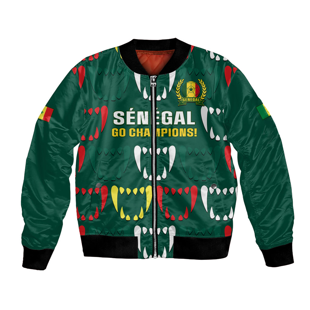 Green unisex bomber jacket with zip front and Senegal graphic patch, ribbed cuffs and hem
