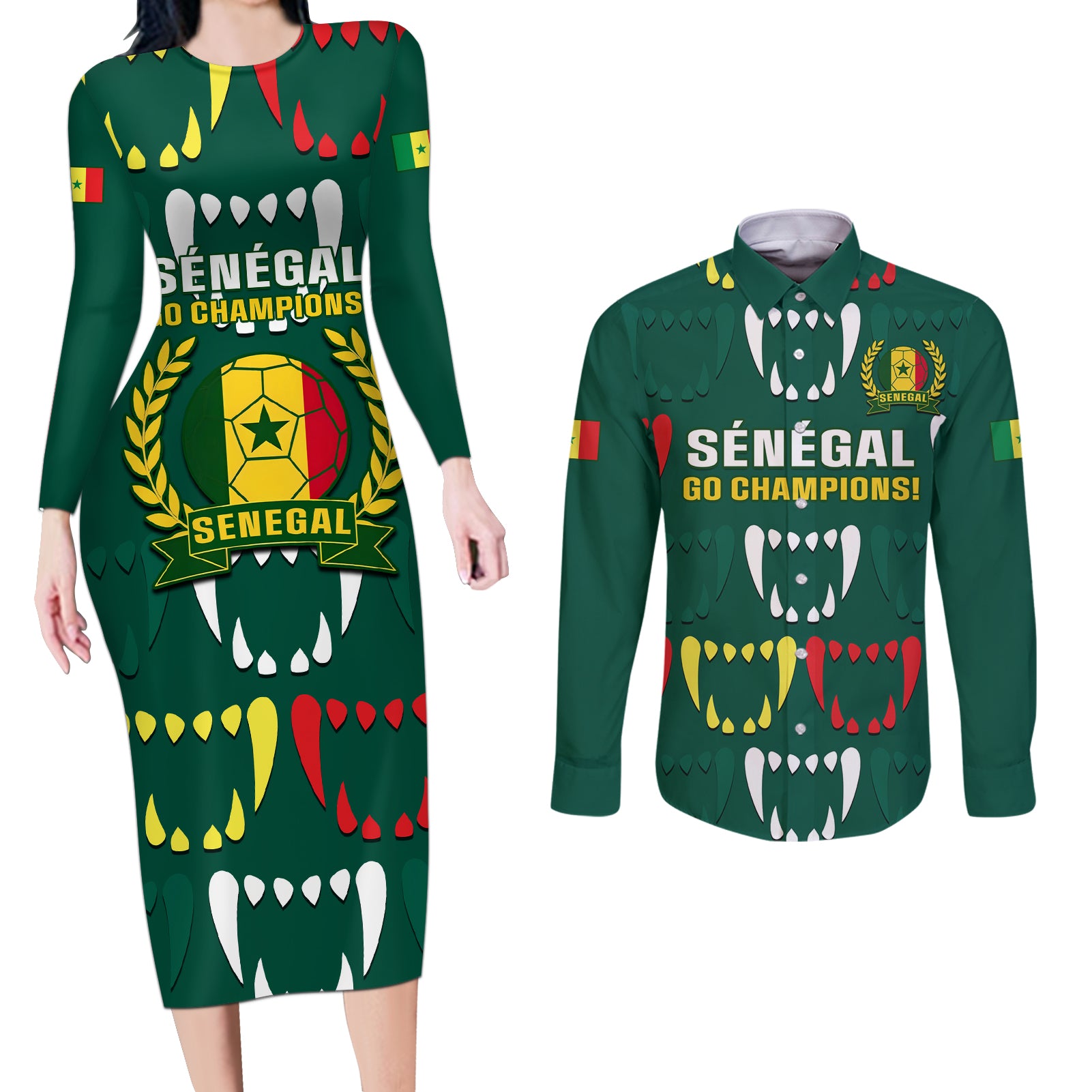 Custom Senegal Football Couples Matching Long Sleeve Bodycon Dress and Long Sleeve Button Shirt 2024 Culture Pour Home Style - Wonder Print Shop