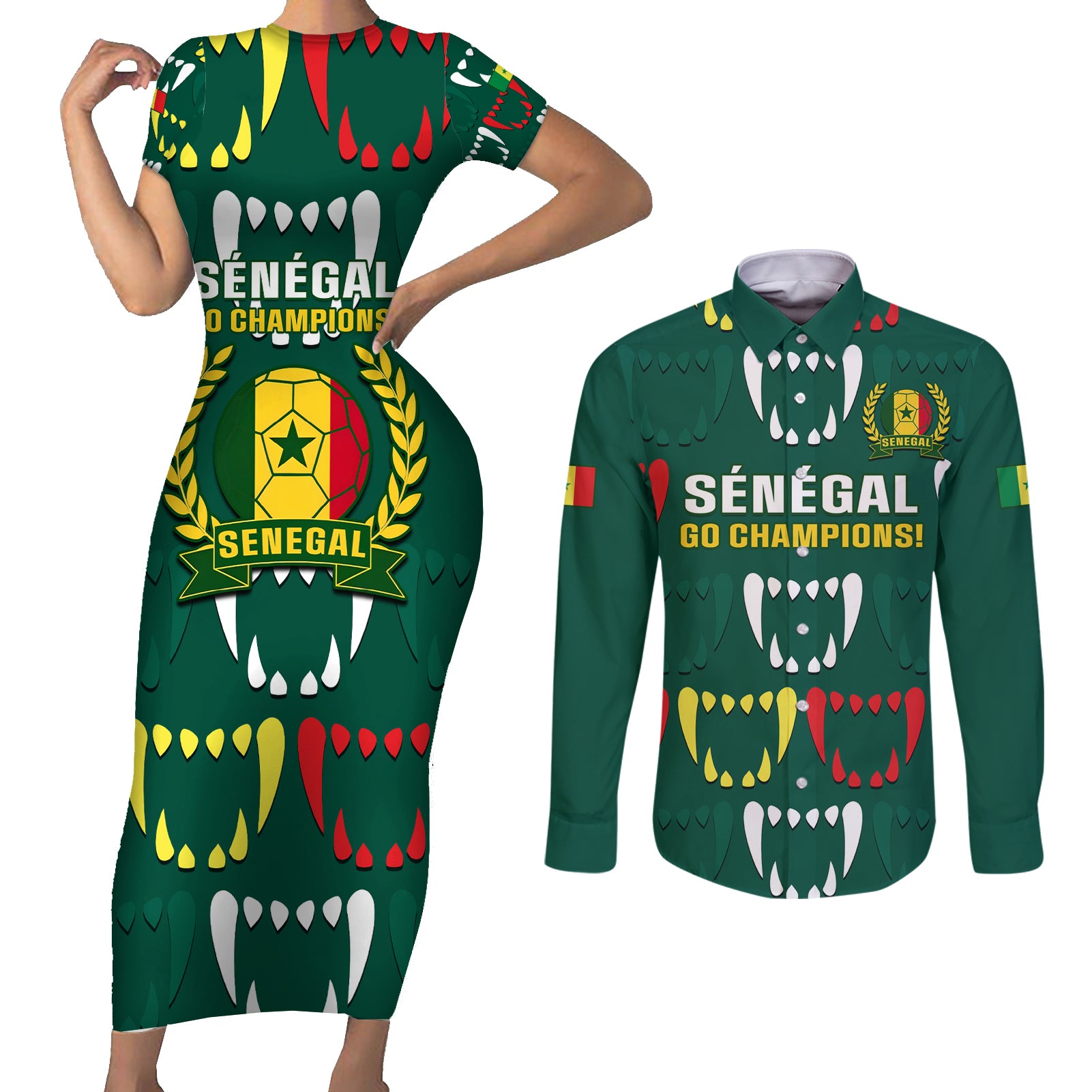 Custom Senegal Football Couples Matching Short Sleeve Bodycon Dress and Long Sleeve Button Shirt 2024 Culture Pour Home Style - Wonder Print Shop