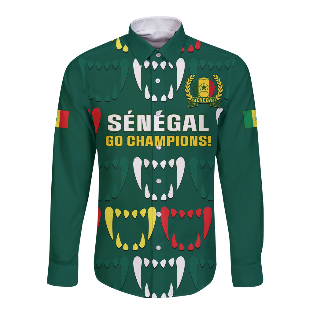 Green long-sleeve button shirt with Senegal Go Champions graphic and crest on chest