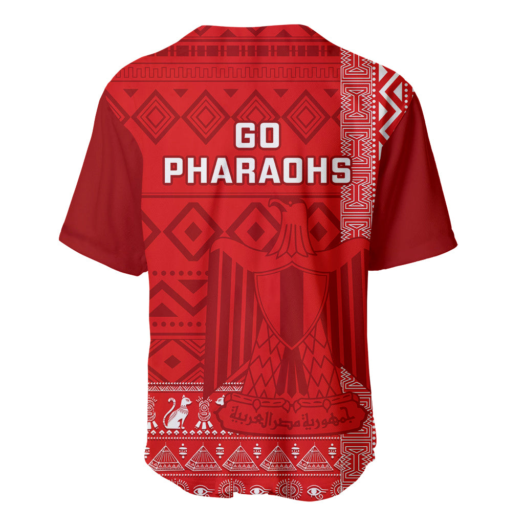 Red football baseball jersey back with GO PHARAOHS text, pharaoh graphic, geometric trim