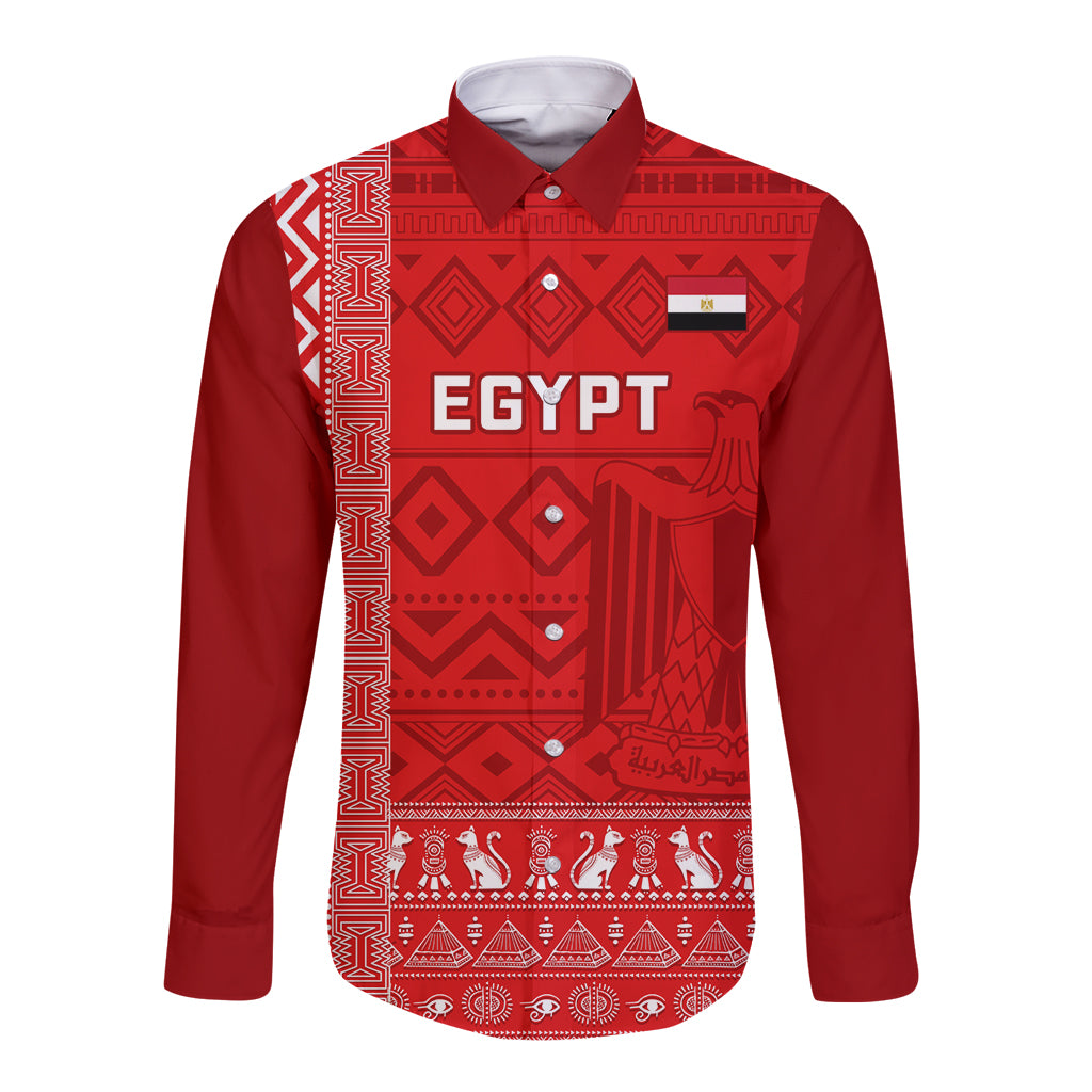 Red long-sleeve button shirt with white Egypt logo and geometric pharaoh patterns
