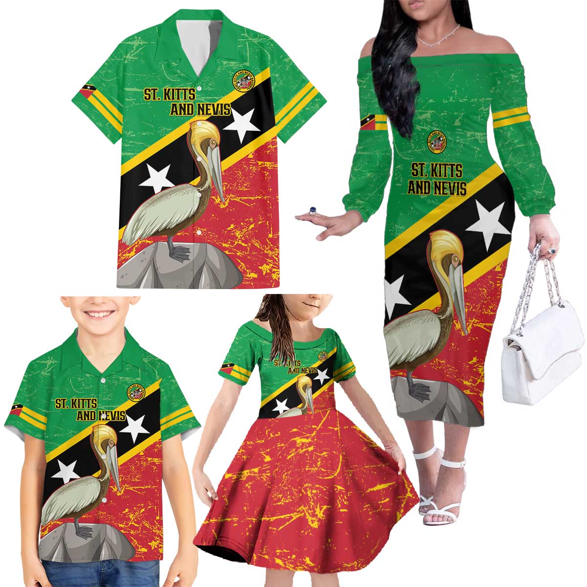 Custom Saint Kitts and Nevis Football Family Matching Off The Shoulder Long Sleeve Dress and Hawaiian Shirt 2025 Go Sugar Boyz