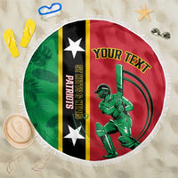 Round red cricket beach blanket, fringed edge, green player graphic with YOUR TEXT