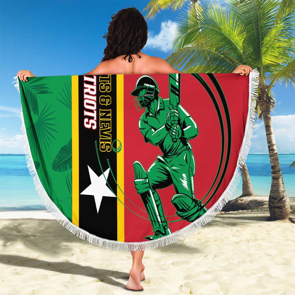 Round red cricket beach blanket, fringed edge, green player graphic on flag stripes