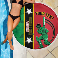 Round red cricket beach blanket, fringed edge, green player emblem with YOUR TEXT