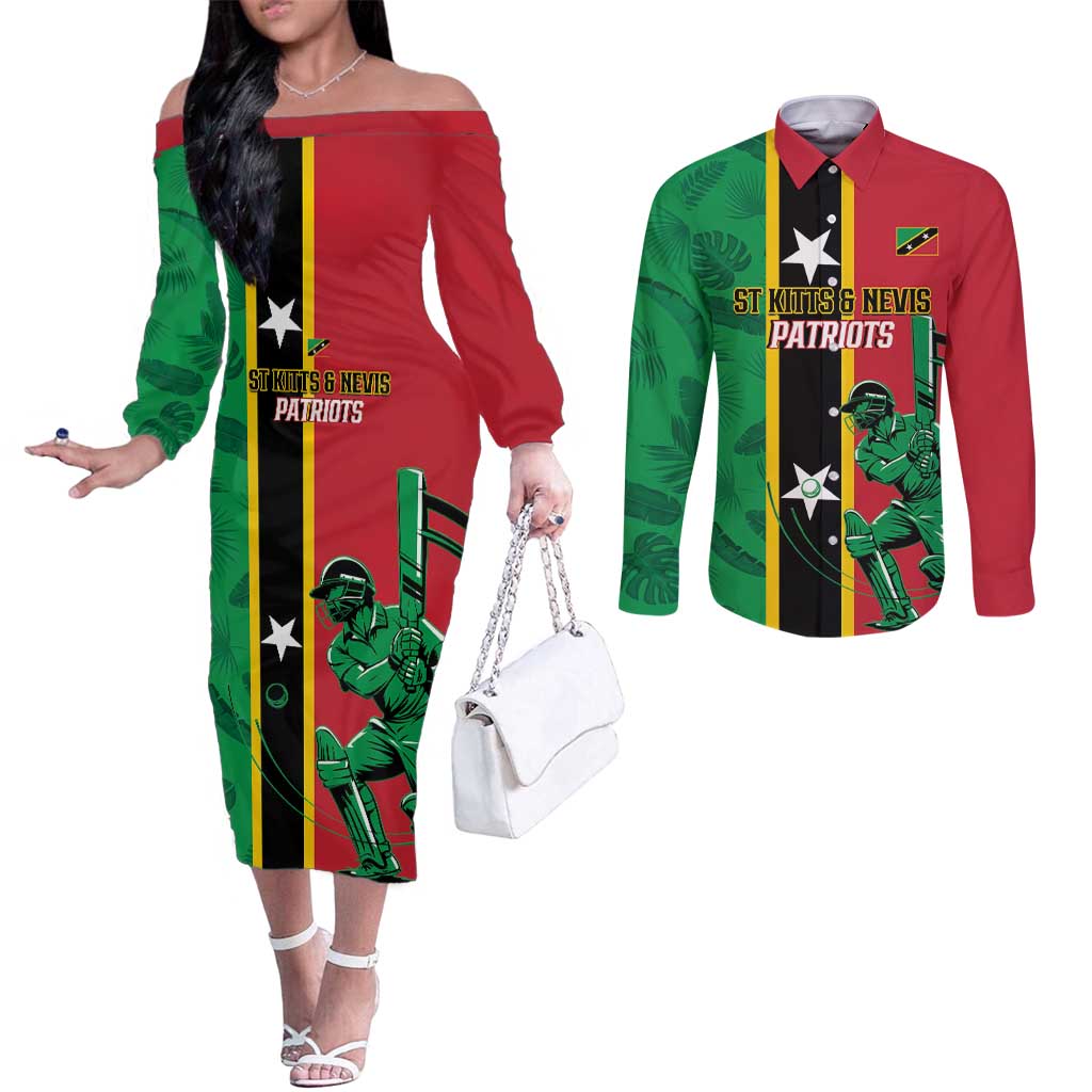 Custom Saint Kitts and Nevis Cricket Couples Matching Off The Shoulder Long Sleeve Dress and Long Sleeve Button Shirt Go Champions Patriots