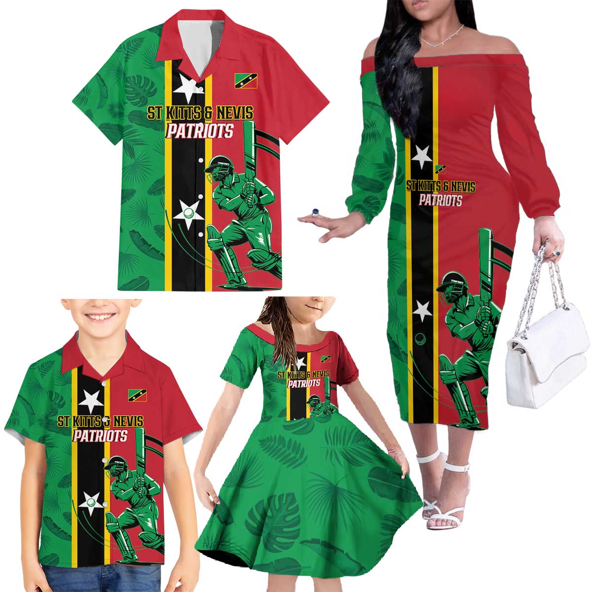 Custom Saint Kitts and Nevis Cricket Family Matching Off The Shoulder Long Sleeve Dress and Hawaiian Shirt Go Champions Patriots