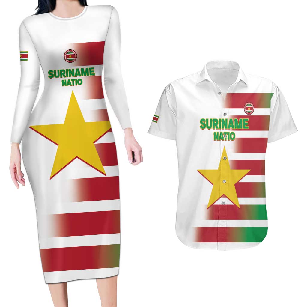 Custom Suriname Football Couples Matching Long Sleeve Bodycon Dress and Hawaiian Shirt 2025 Go Natio White Color