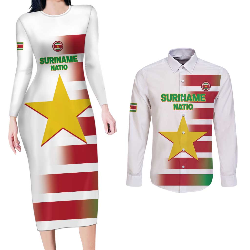 Custom Suriname Football Couples Matching Long Sleeve Bodycon Dress and Long Sleeve Button Shirt 2025 Go Natio White Color