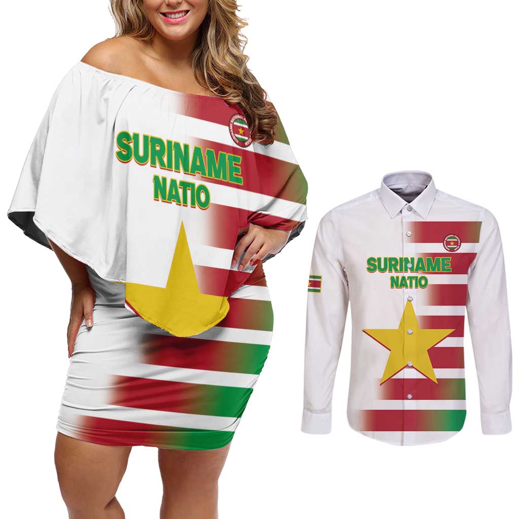 Custom Suriname Football Couples Matching Off Shoulder Short Dress and Long Sleeve Button Shirt 2025 Go Natio White Color