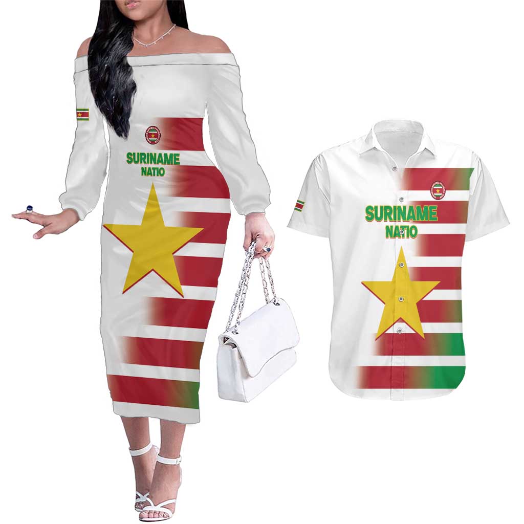 Custom Suriname Football Couples Matching Off The Shoulder Long Sleeve Dress and Hawaiian Shirt 2025 Go Natio White Color