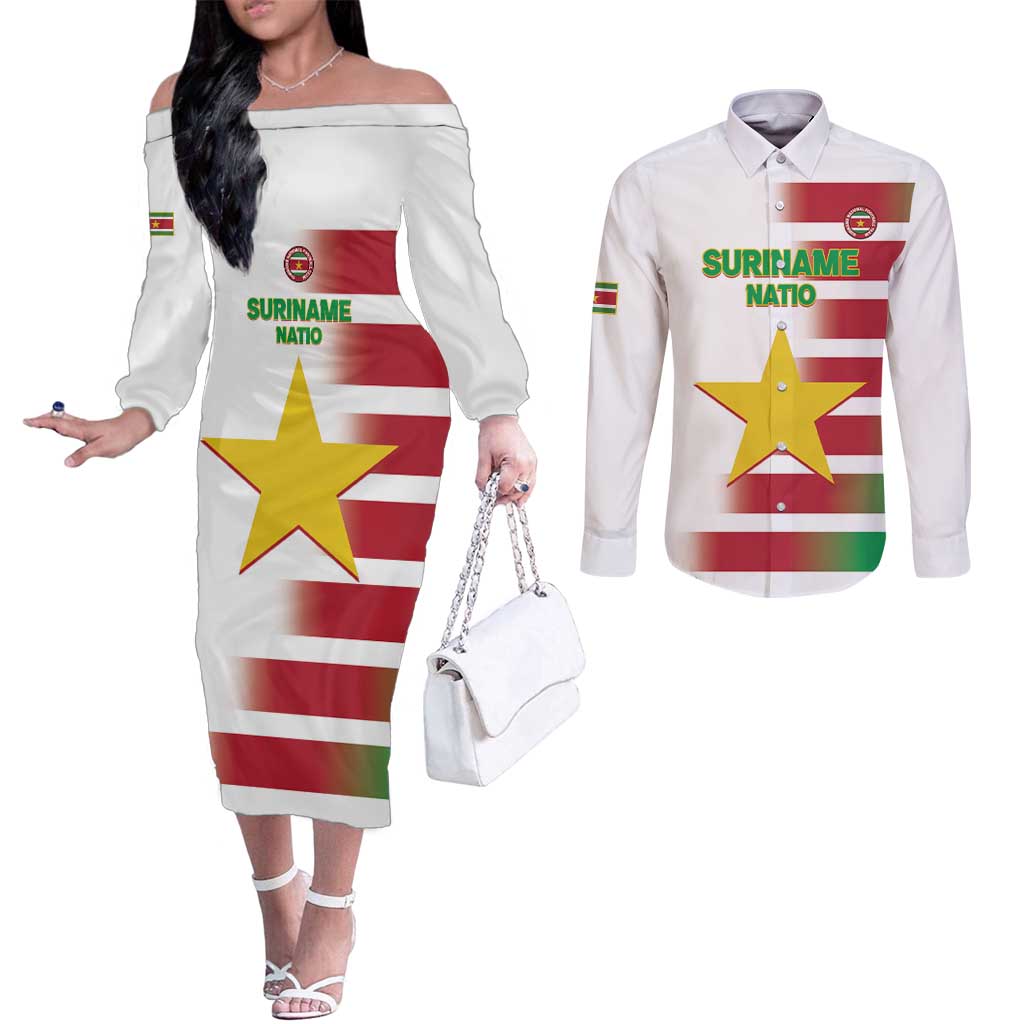 Custom Suriname Football Couples Matching Off The Shoulder Long Sleeve Dress and Long Sleeve Button Shirt 2025 Go Natio White Color