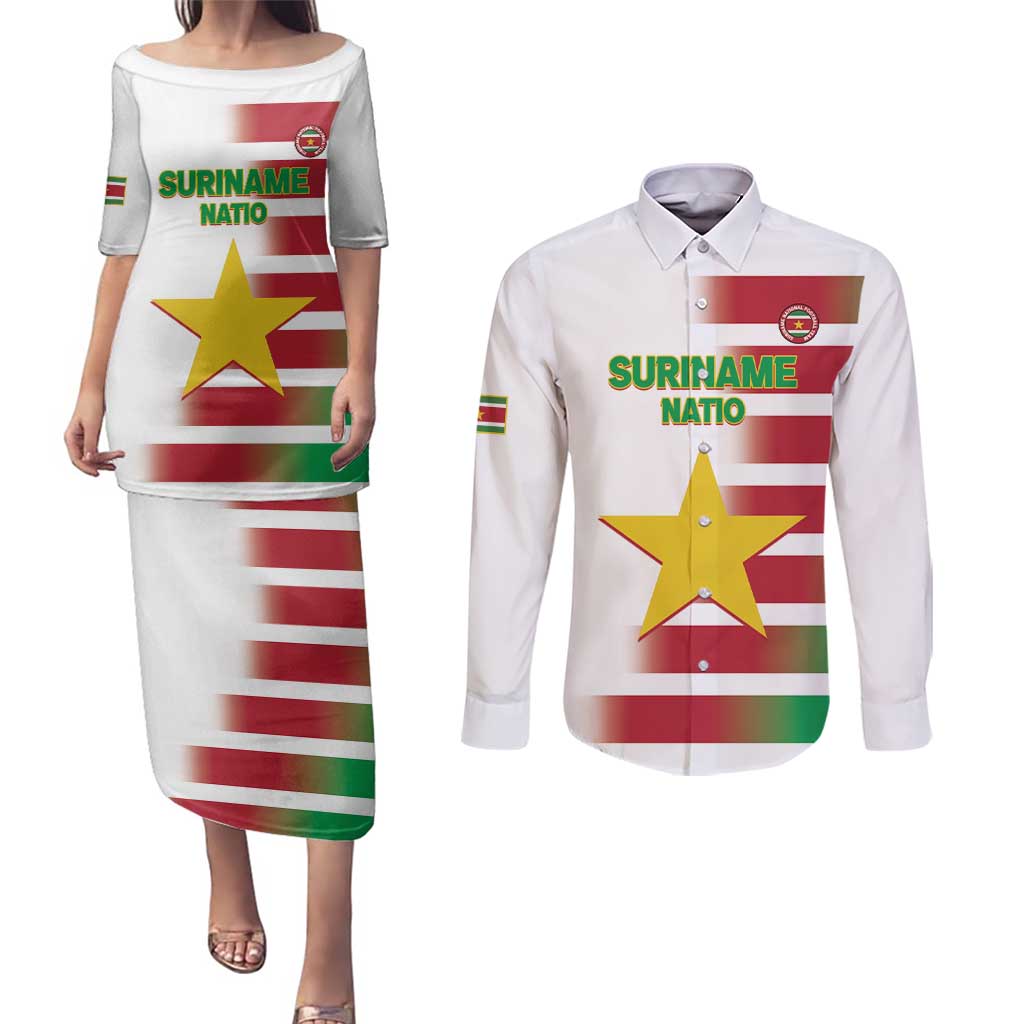 Custom Suriname Football Couples Matching Puletasi and Long Sleeve Button Shirt 2025 Go Natio White Color