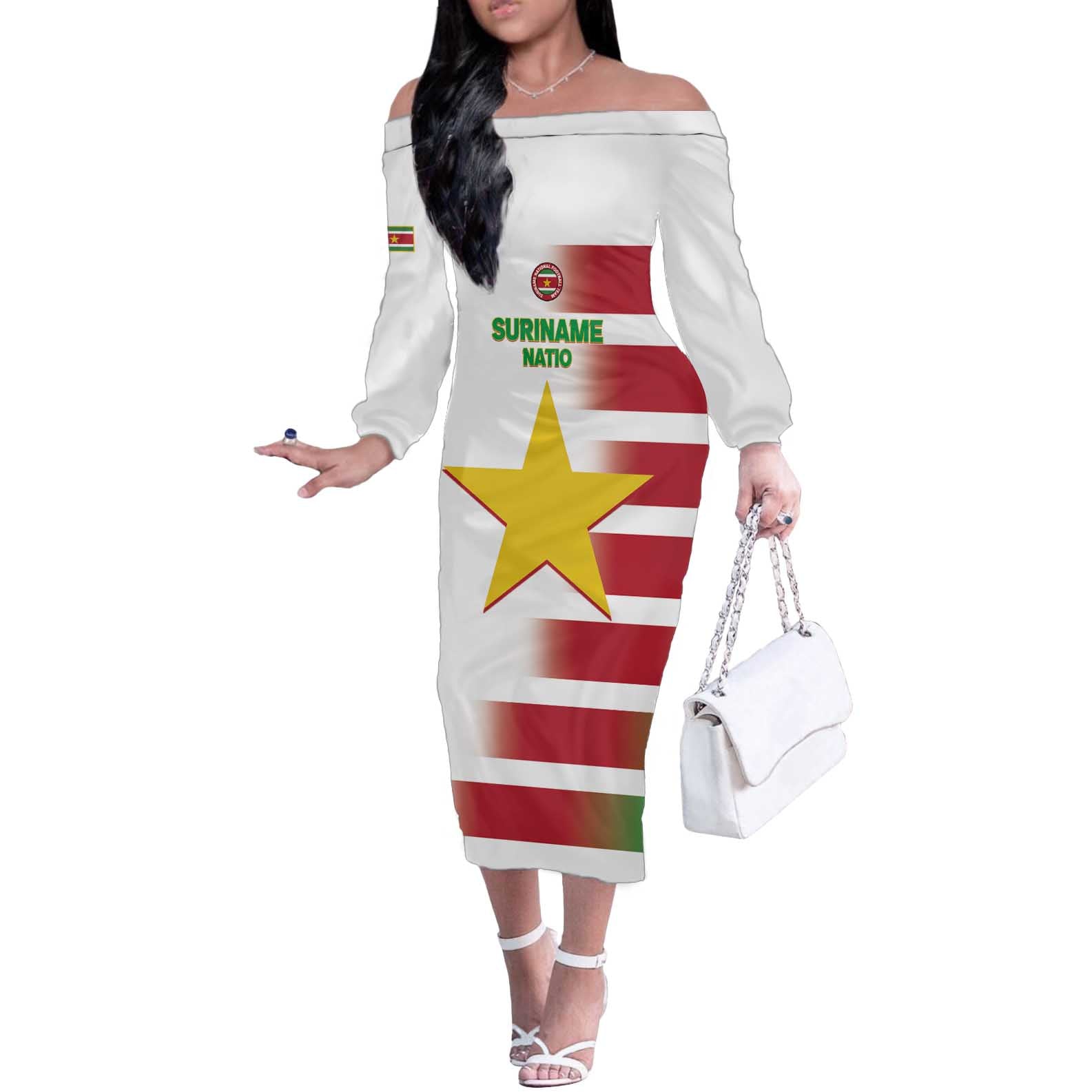 Custom Suriname Football Off The Shoulder Long Sleeve Dress 2025 Go Natio White Color