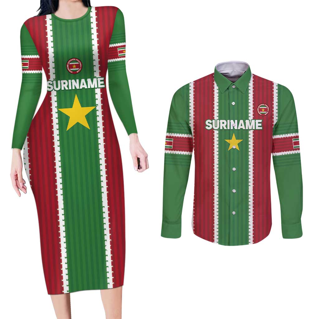 Custom Suriname Football Couples Matching Long Sleeve Bodycon Dress and Long Sleeve Button Shirt 2025 Go Natio Flag Color