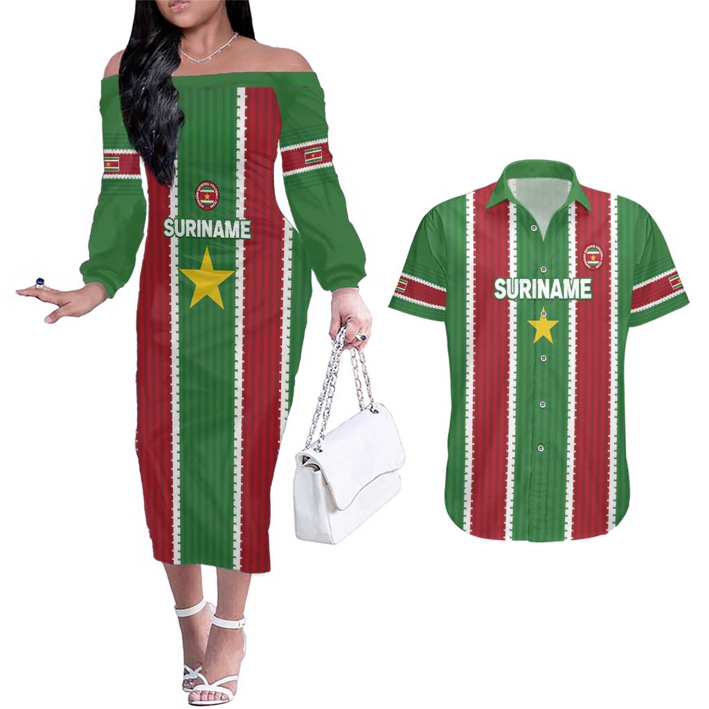 Custom Suriname Football Couples Matching Off The Shoulder Long Sleeve Dress and Hawaiian Shirt 2025 Go Natio Flag Color