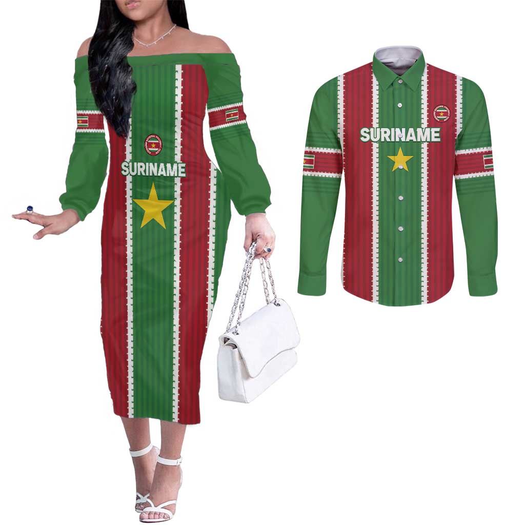 Custom Suriname Football Couples Matching Off The Shoulder Long Sleeve Dress and Long Sleeve Button Shirt 2025 Go Natio Flag Color