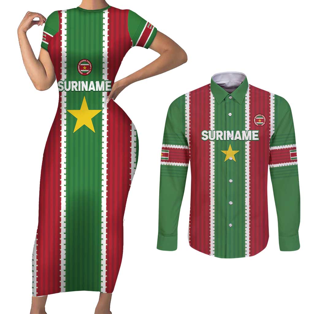 Custom Suriname Football Couples Matching Short Sleeve Bodycon Dress and Long Sleeve Button Shirt 2025 Go Natio Flag Color