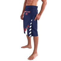 Blue football bermuda shorts with red mascot print and white stripe panel