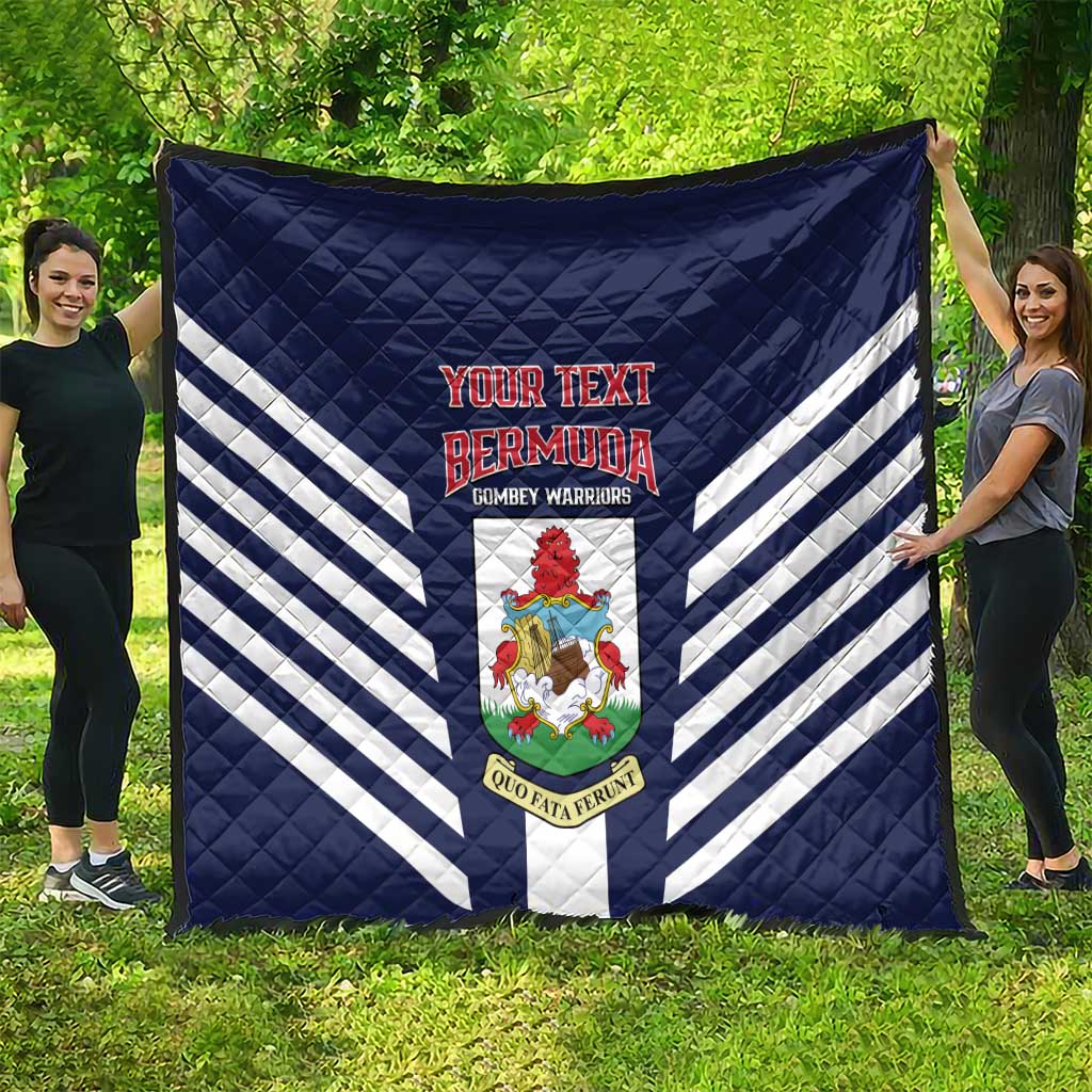 Navy football quilt with white diagonal stripes and Bermuda crest, “Your Text” centered.