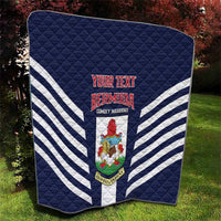 Navy quilt with white diagonal stripes, “Your Text Bermuda” lettering and crest centerpiece.