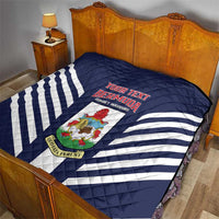 Navy quilt with white diagonal stripes and centered Bermuda crest, “Your Text” in red.