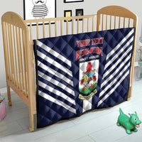 Navy quilt with white diagonal stripes for a crib, Bermuda crest and “Your Text”.
