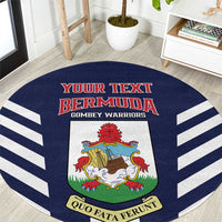 Blue round Bermuda football rug with crest, “YOUR TEXT BERMUDA” and white stripe sides